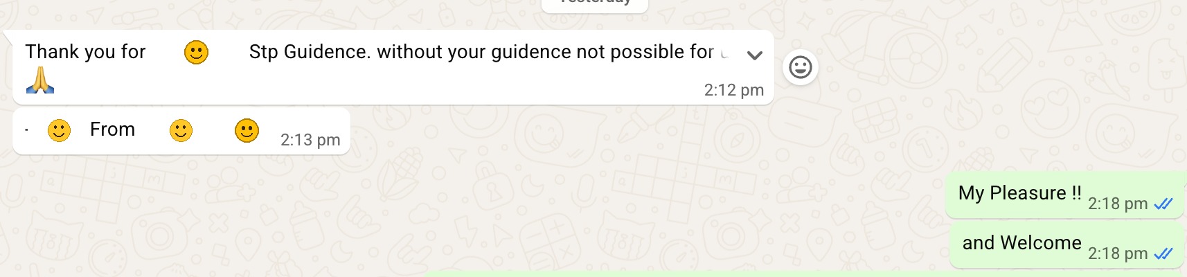 WhatsApp message thanking the team for STP guidance