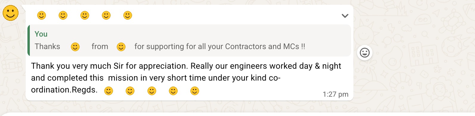 WhatsApp message appreciating the engineers who completed the work in a short time